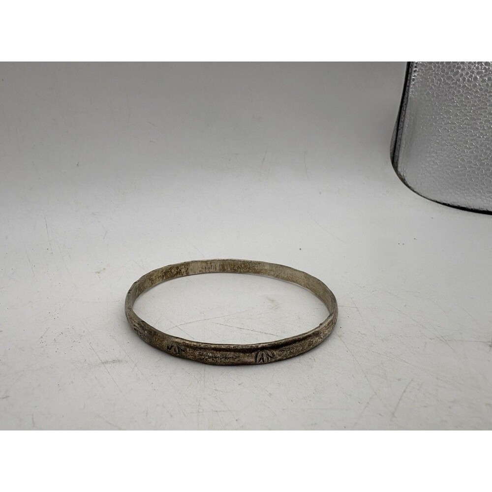 Metal Bangle Bracelet Stamped Fan Leaf Design Patina Boho Stacking Jewelry